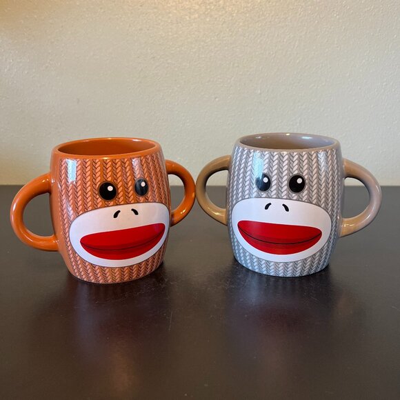 Pair of Retro Knitted Sock Monkey Ceramic Dual Handled Dual-Sided Mugs - GALERIE - Picture 4 of 9